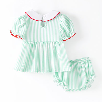 Christmas Kids Smocked Outfit Set – Santa Embroidery Green Sibling Collection