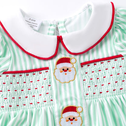 Christmas Kids Smocked Outfit Set – Santa Embroidery Green Sibling Collection
