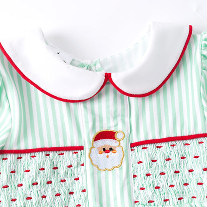 Christmas Kids Smocked Outfit Set – Santa Embroidery Green Sibling Collection