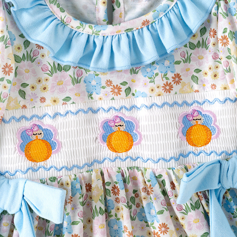 Thanksgiving Girls Smocked Outfit Set – Turkey Floral Embroidery Sibling Collection