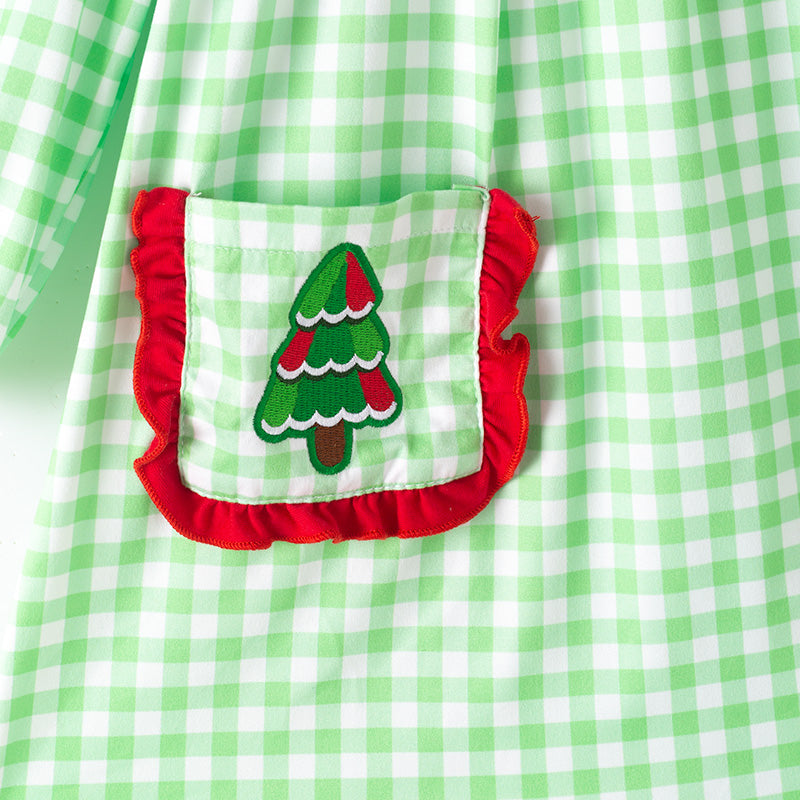 Girls Christmas Sibling Matching Outfits – Gteen Stripes Tree Embroidery Collection