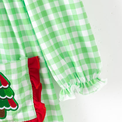 Girls Christmas Sibling Matching Outfits – Gteen Stripes Tree Embroidery Collection