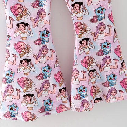 Girls Summer K-Pop Demon Hunter Printed Pink Bell Pant Set