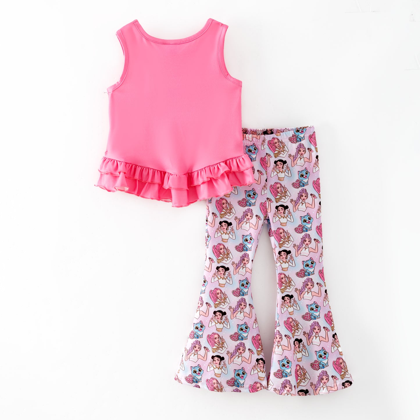 Girls Summer K-Pop Demon Hunter Printed Pink Bell Pant Set