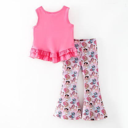 Girls Summer K-Pop Demon Hunter Printed Pink Bell Pant Set