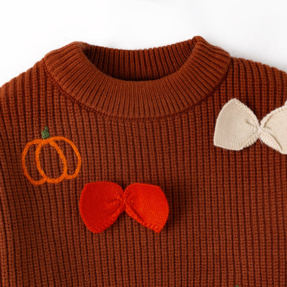 Brown Pumpkin Sweater with Bow Embroidery – Fall Must-Have