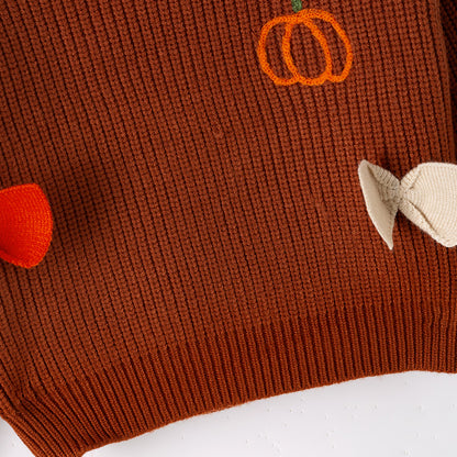 Brown Pumpkin Sweater with Bow Embroidery – Fall Must-Have