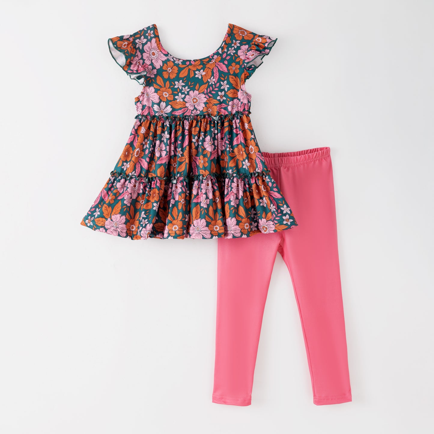 Girls Fall Floral Print Ruffled Coral Pant Set