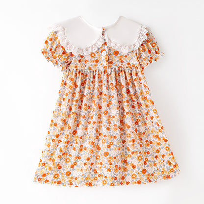 Thanksgiving Girls Smocked Outfit Set – Pumpkin Floral Embroidery Floral Sibling Collection