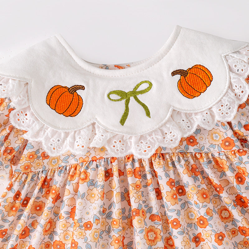 Thanksgiving Girls Smocked Outfit Set – Pumpkin Floral Embroidery Floral Sibling Collection