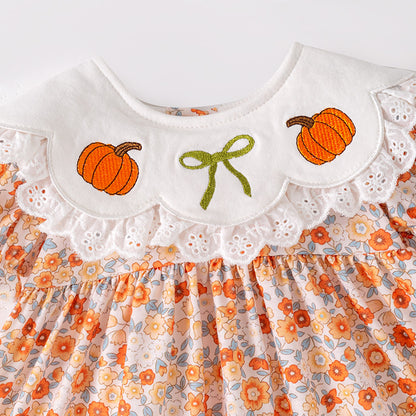 Thanksgiving Girls Smocked Outfit Set – Pumpkin Floral Embroidery Floral Sibling Collection