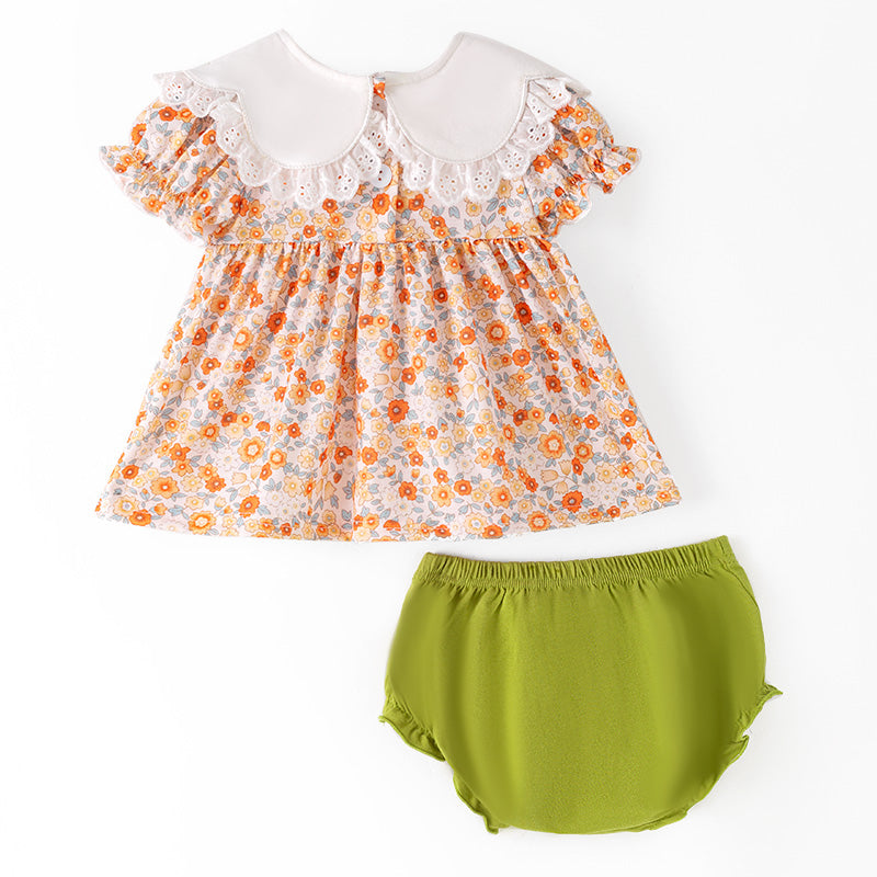 Thanksgiving Girls Smocked Outfit Set – Pumpkin Floral Embroidery Floral Sibling Collection