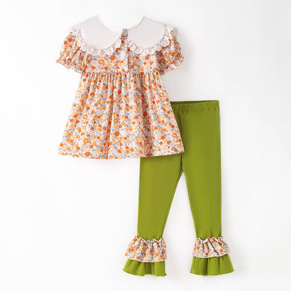 Thanksgiving Girls Smocked Outfit Set – Pumpkin Floral Embroidery Floral Sibling Collection