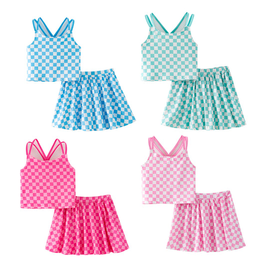 Girls Summer Muti-Colors Plaid Athletic Skirt Set