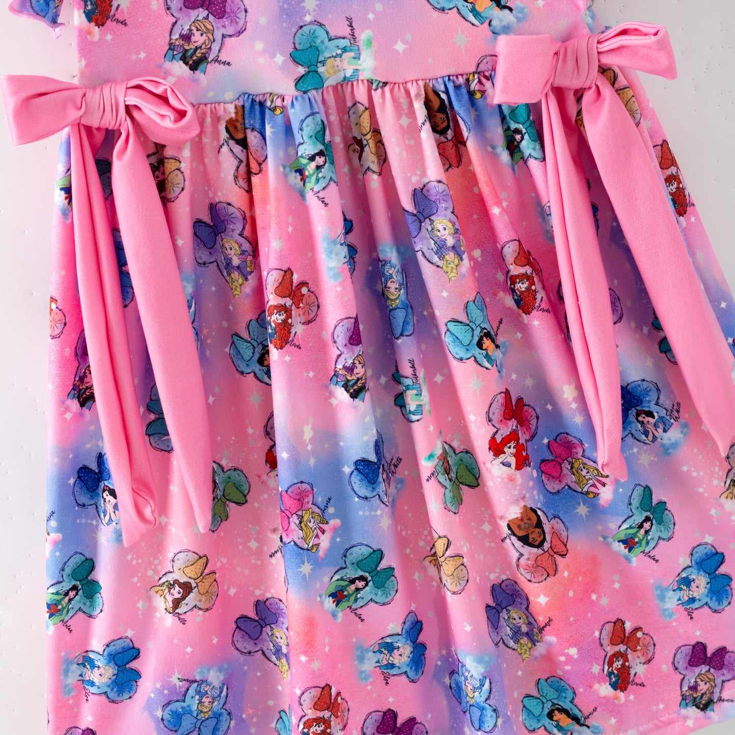 Princess Character Printed Pink Bow Ruffled Twirl Dress For Girls