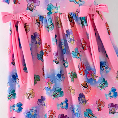 Princess Character Printed Pink Bow Ruffled Twirl Dress For Girls