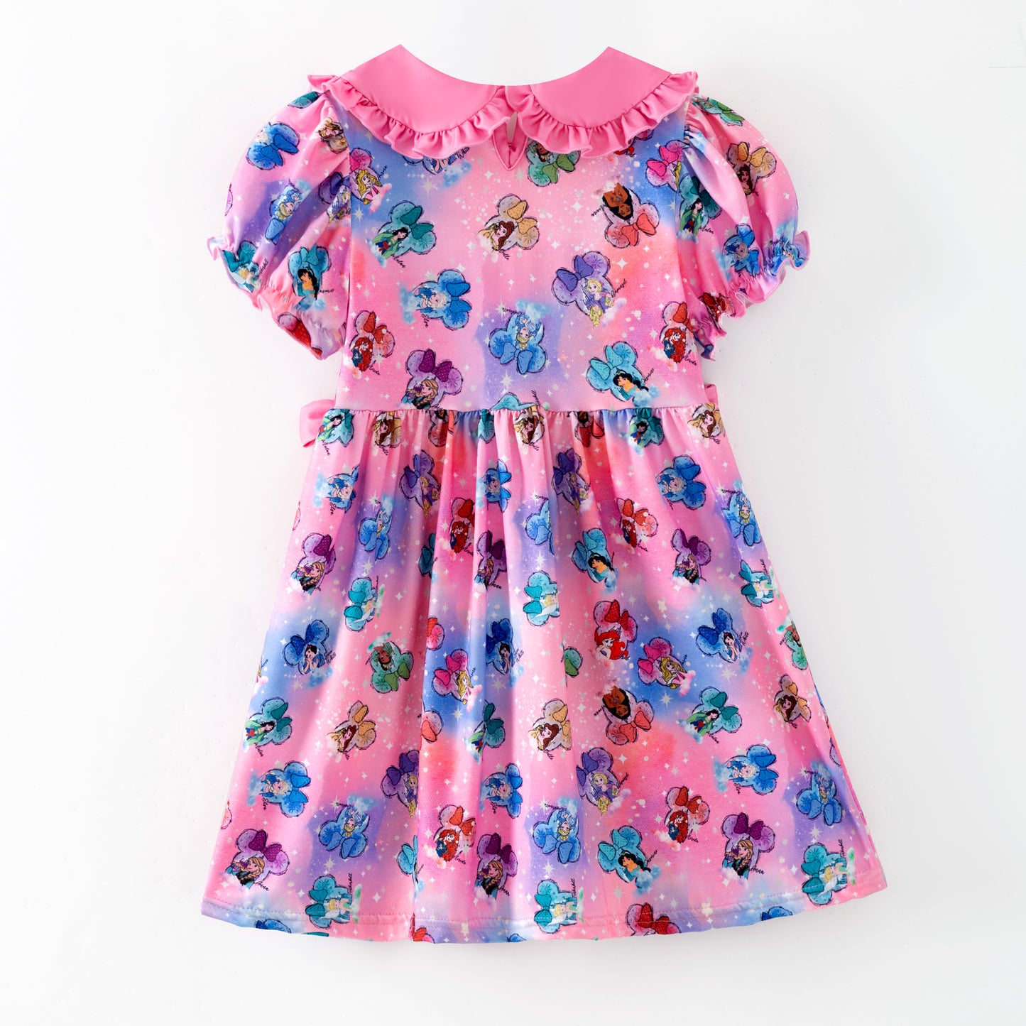 Princess Character Printed Pink Bow Ruffled Twirl Dress For Girls