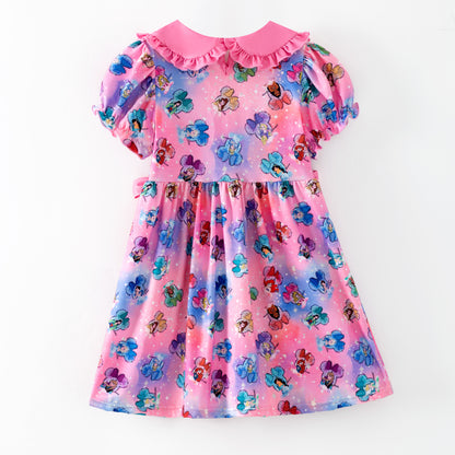 Princess Character Printed Pink Bow Ruffled Twirl Dress For Girls