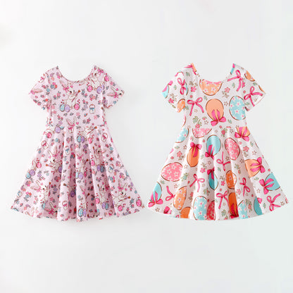 Girls Easter Bunny Colorful Eggs Print Twirl Dress