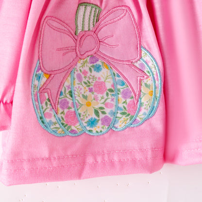 Girls Fall Halloween Pink Floral Pumpkin Embroidery Sibling Outfits