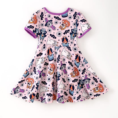 Girls Halloween Ghost Buley Bat Print Soft Twirl Dress