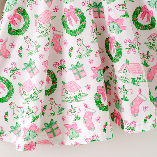 Girls Christmas Pink Snowman Ruffled Long Sleeves Dress
