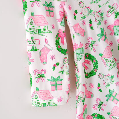 Girls Christmas Pink Snowman Ruffled Long Sleeves Dress