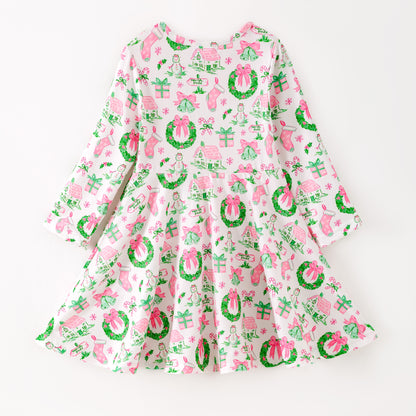 Girls Christmas Pink Snowman Ruffled Long Sleeves Dress