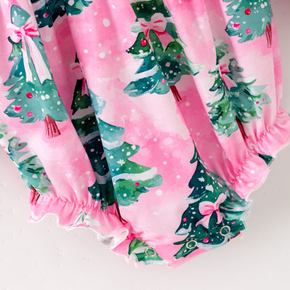 Baby Girls Christmas Pink Bow Christmas Tree Long Sleeves Romper