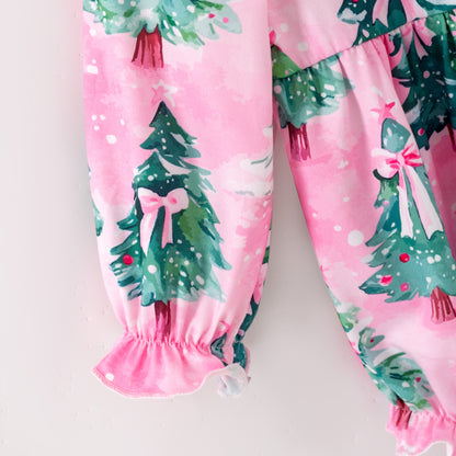 Baby Girls Christmas Pink Bow Christmas Tree Long Sleeves Romper