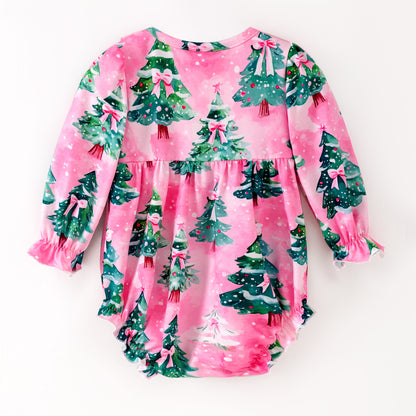 Baby Girls Christmas Pink Bow Christmas Tree Long Sleeves Romper