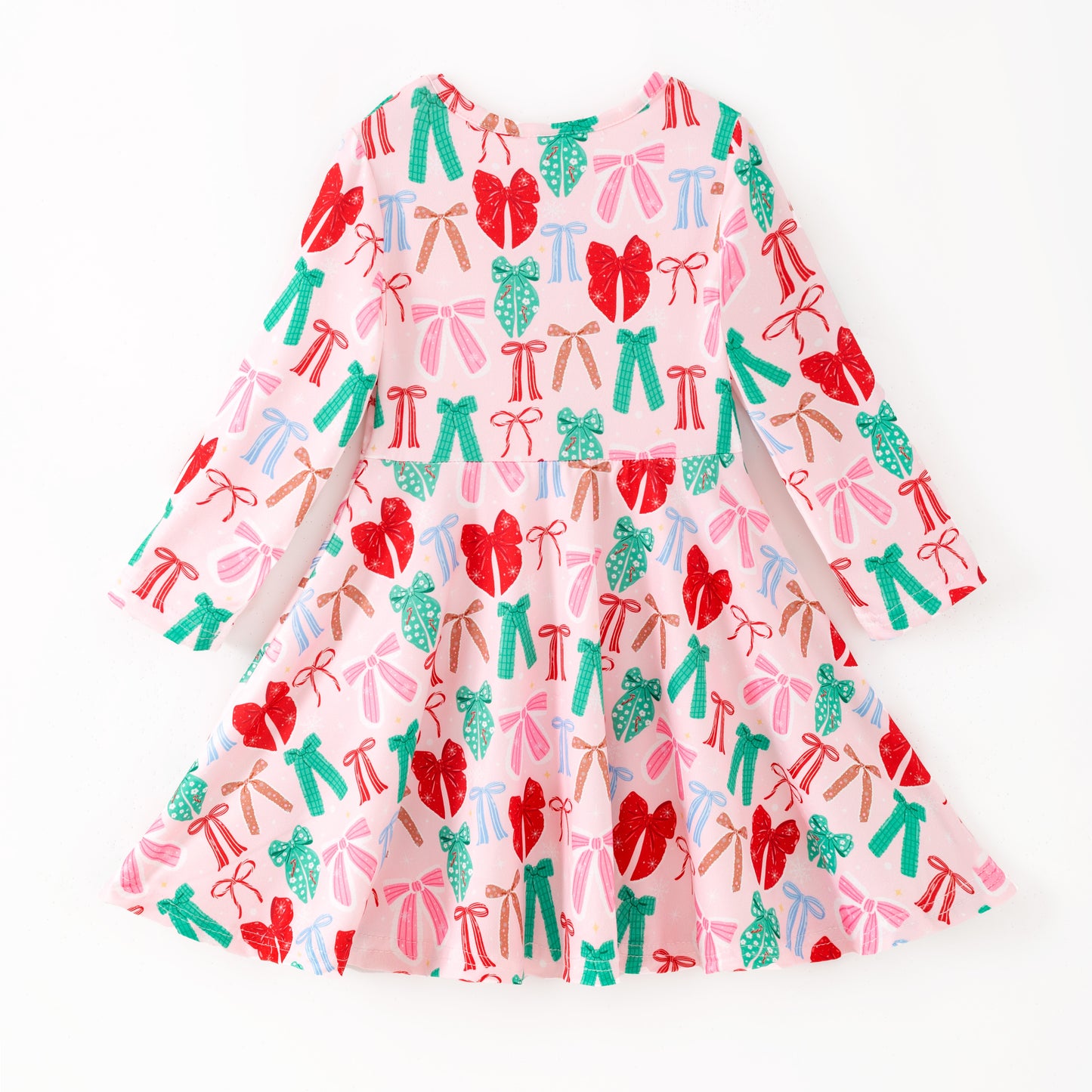 Girls Christmas Red Green Bow Long Sleeves Twirl Dress