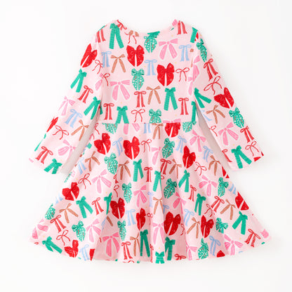 Girls Christmas Red Green Bow Long Sleeves Twirl Dress