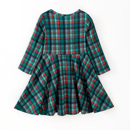 Girls Christmas Red Green Plaid Long Sleeves Twirl Dress