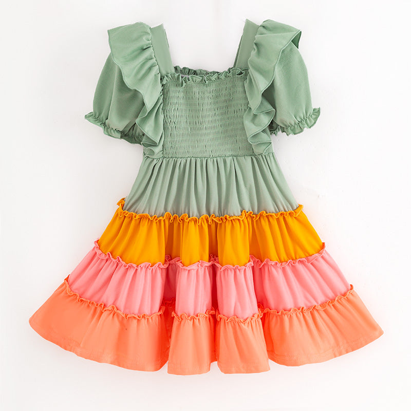 Mommy&Me Fall Autumn Orange Pink Green Smocked Maxi Dress