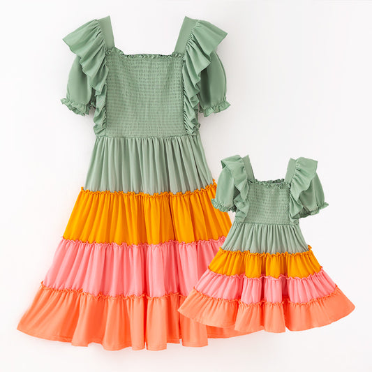 Mommy&Me Fall Autumn Orange Pink Green Smocked Maxi Dress
