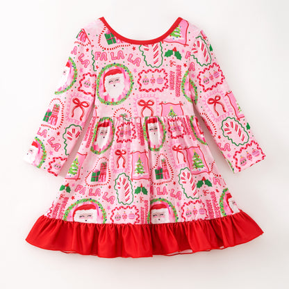 Girls Christmas Tree Santa Bow Long Sleeves Twirl Dress