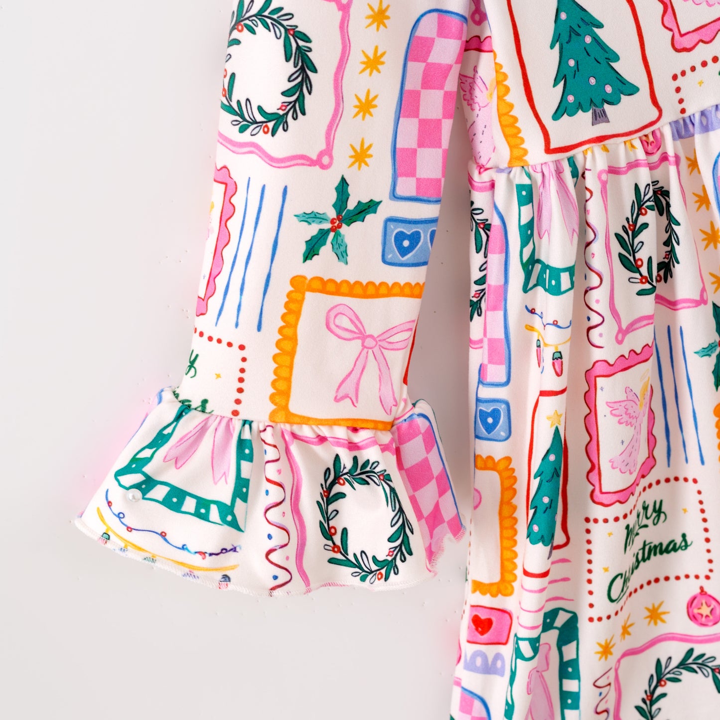 Girls Christmas Tree Bow Long Sleeves Twirl Dress