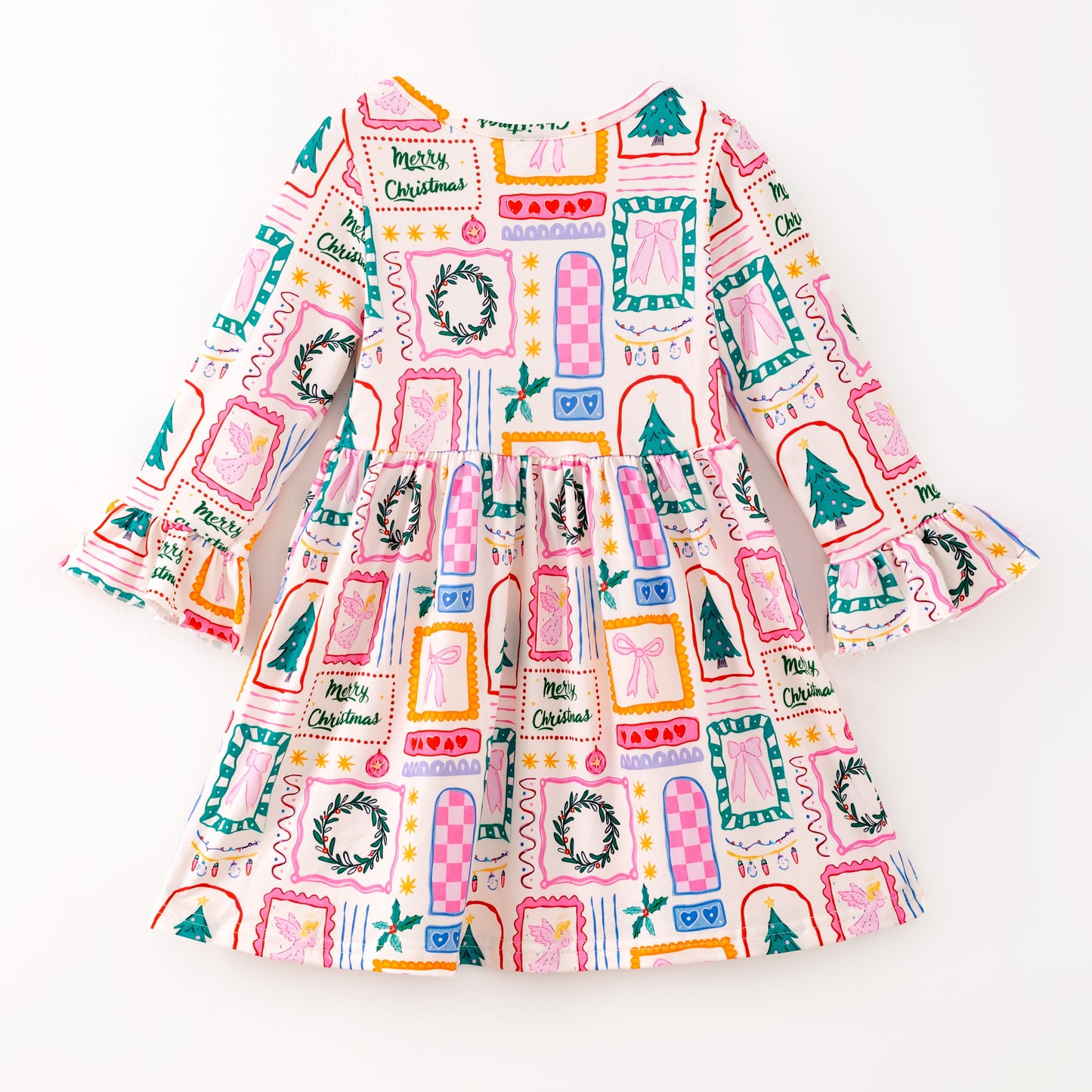 Girls Christmas Tree Bow Long Sleeves Twirl Dress