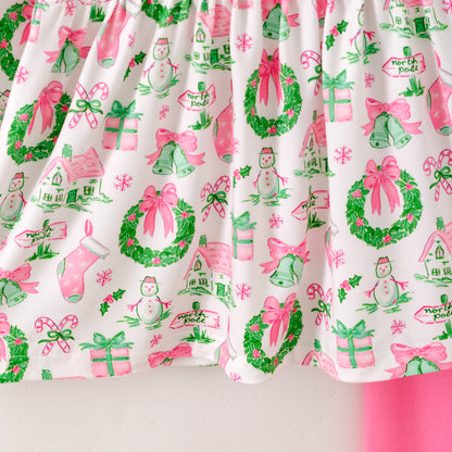 Girls Christmas Pink Snowman Ruffled Long Sleeves Pant Set