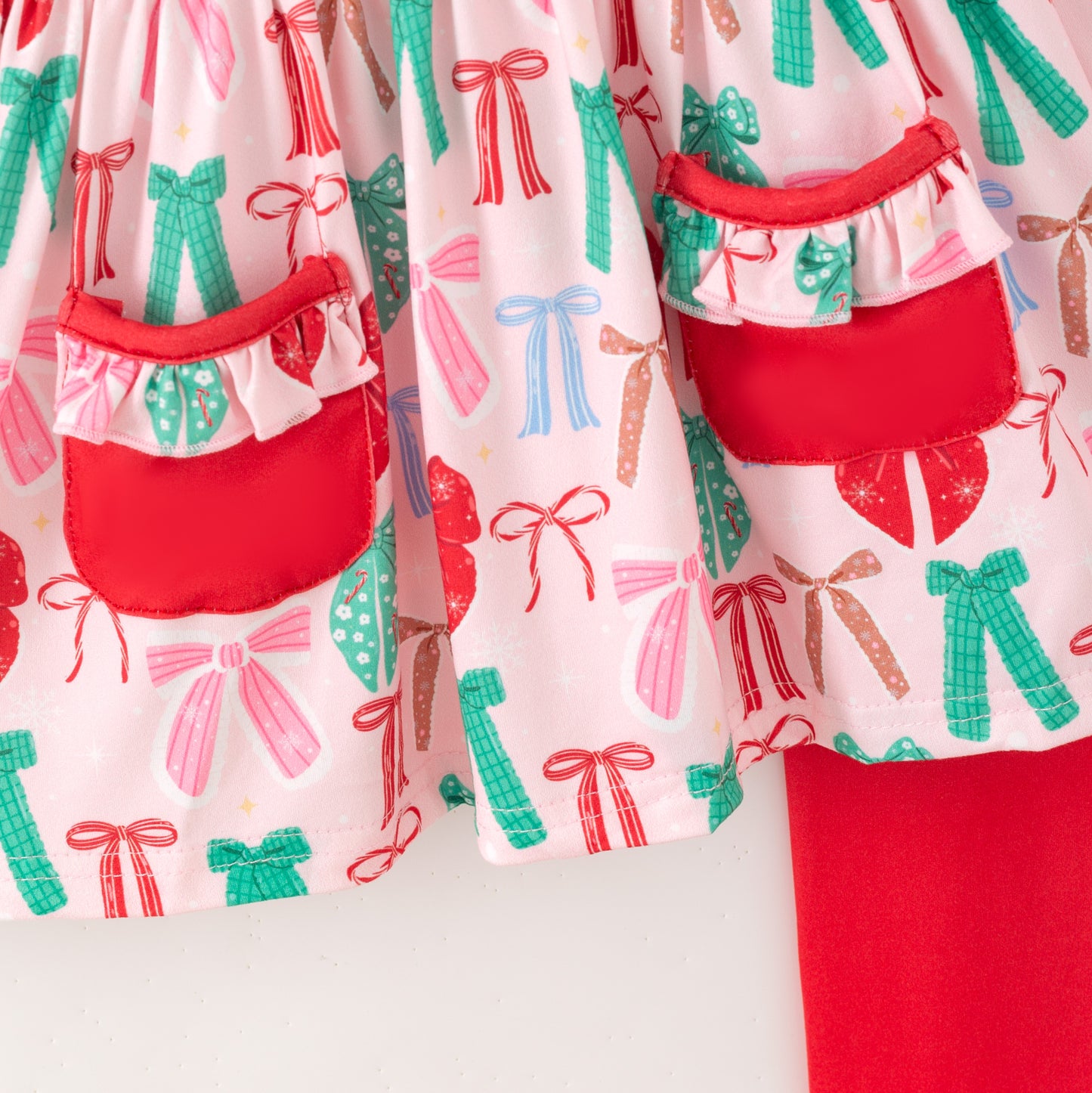 Girls Christmas Winter Red Green Bow Pocket Pant+Top Set