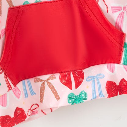 Girls Christmas Red Green Bow Print Soft Pocket Milk Silk Hoodies