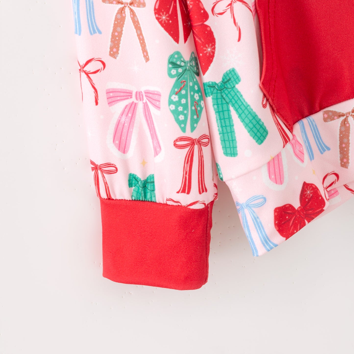 Girls Christmas Red Green Bow Print Soft Pocket Milk Silk Hoodies