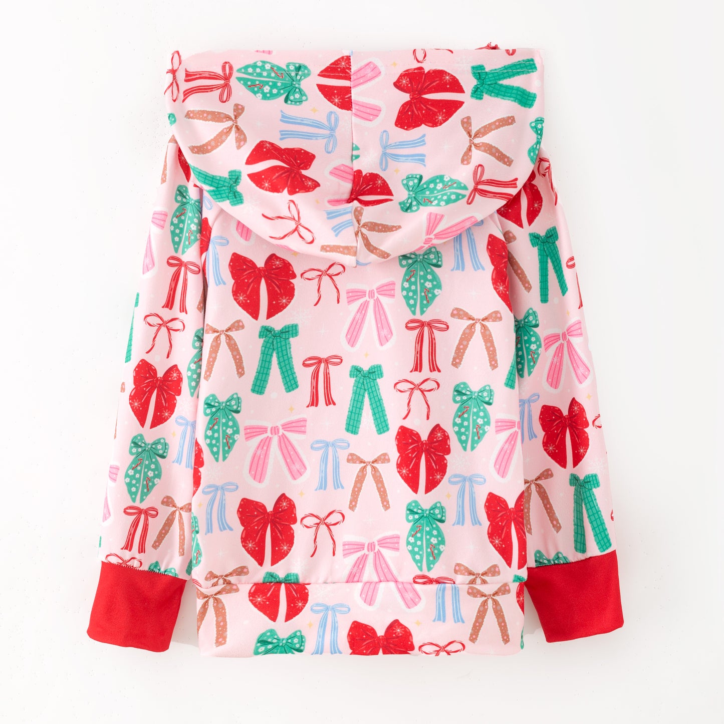 Girls Christmas Red Green Bow Print Soft Pocket Milk Silk Hoodies