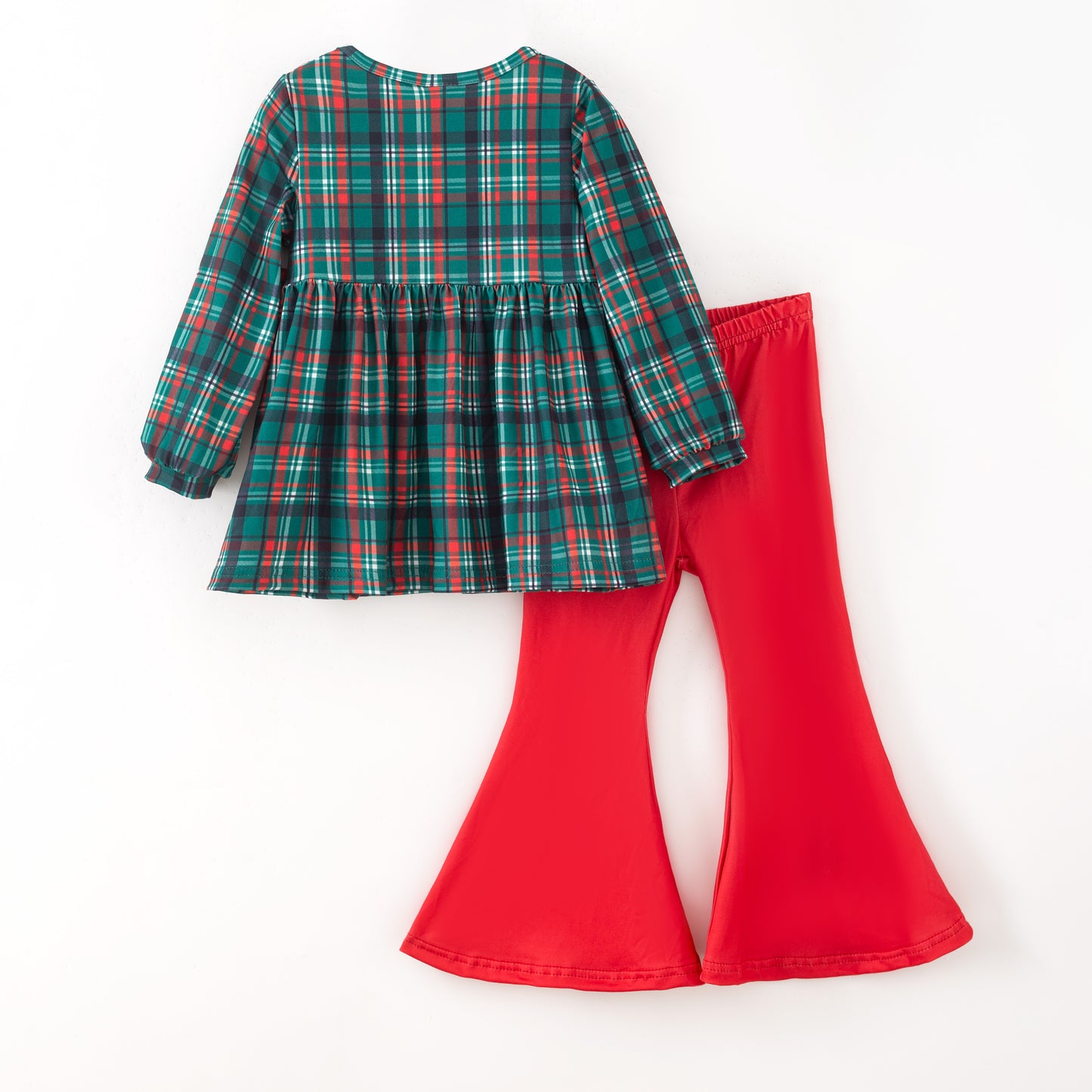 Girls Christmas Green Red Bow Plaid Bell Pant Set