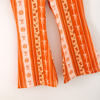 Girls Fall Vibes Grey Orange Bow Bell Pant+Top Set