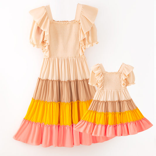 Mommy&Me Fall Autumn Pink Yellow Begie Smocked Maxi Dress