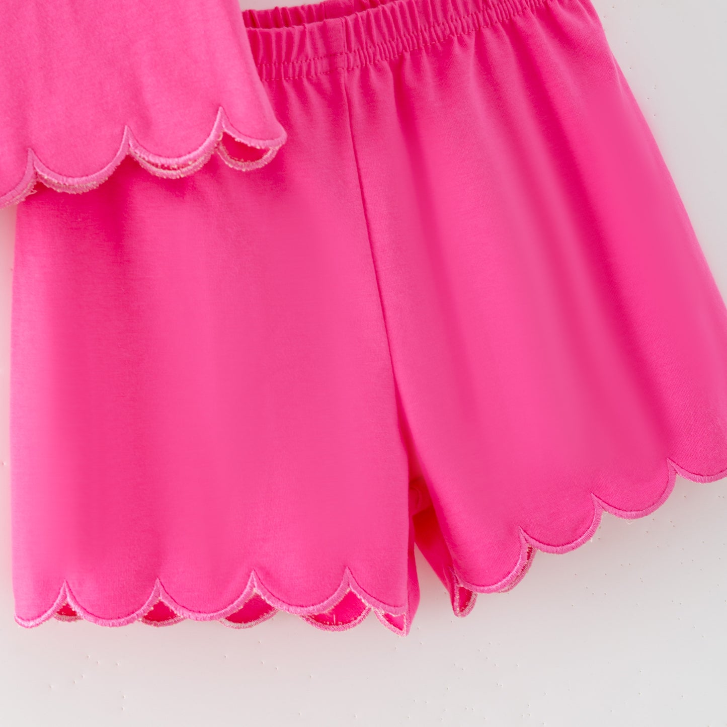 Summer Solid Hot Pink Cotton Scallop Trim Short Set