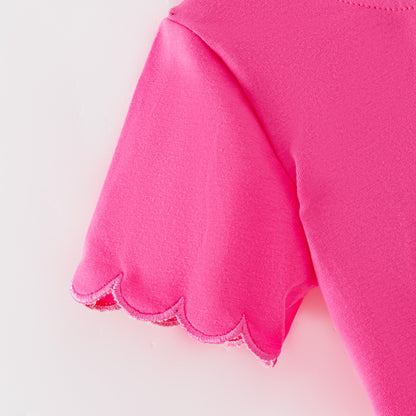 Summer Solid Hot Pink Cotton Scallop Trim Short Set