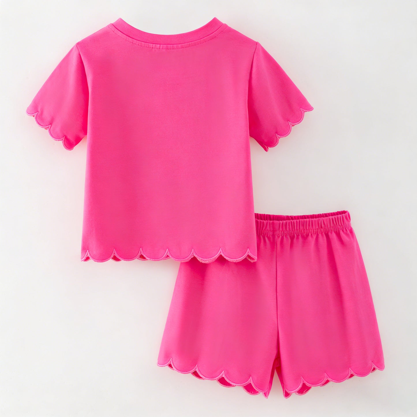 Summer Solid Hot Pink Cotton Scallop Trim Short Set